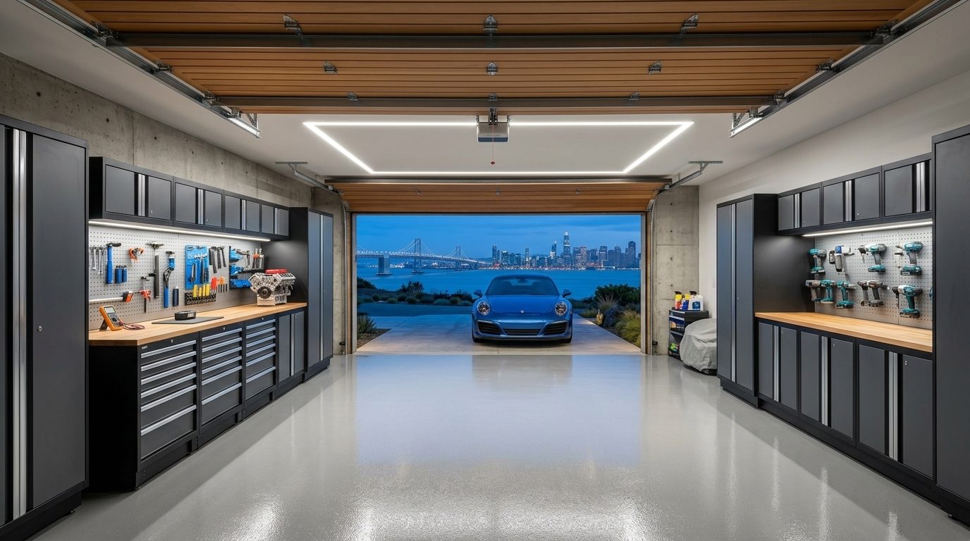 Phillipson Garage Door Repairs Interior View of Custom Garage Door Overhead and Workshop